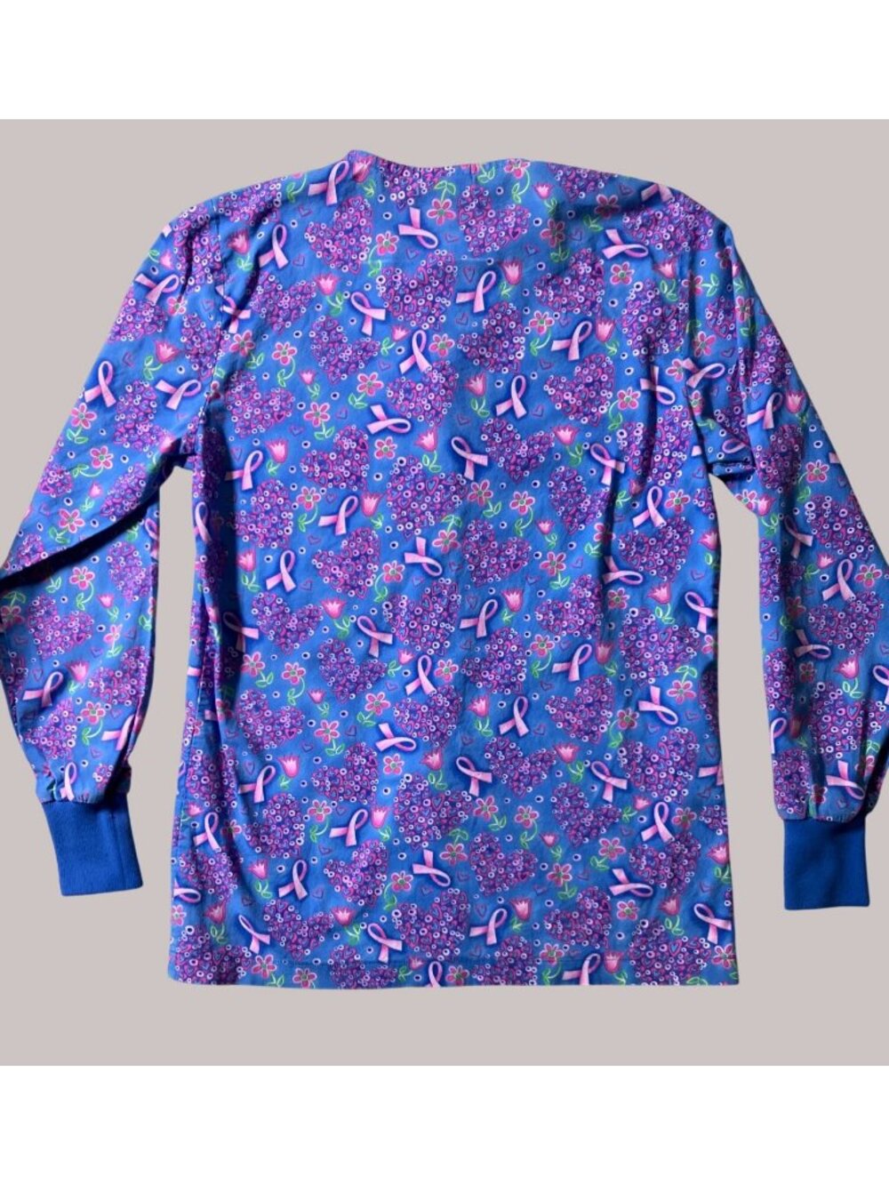 Peaches Womens Blue Pink Ribbon and Floral Print Scrub Jacket100% Cotton - Picture 11 of 13